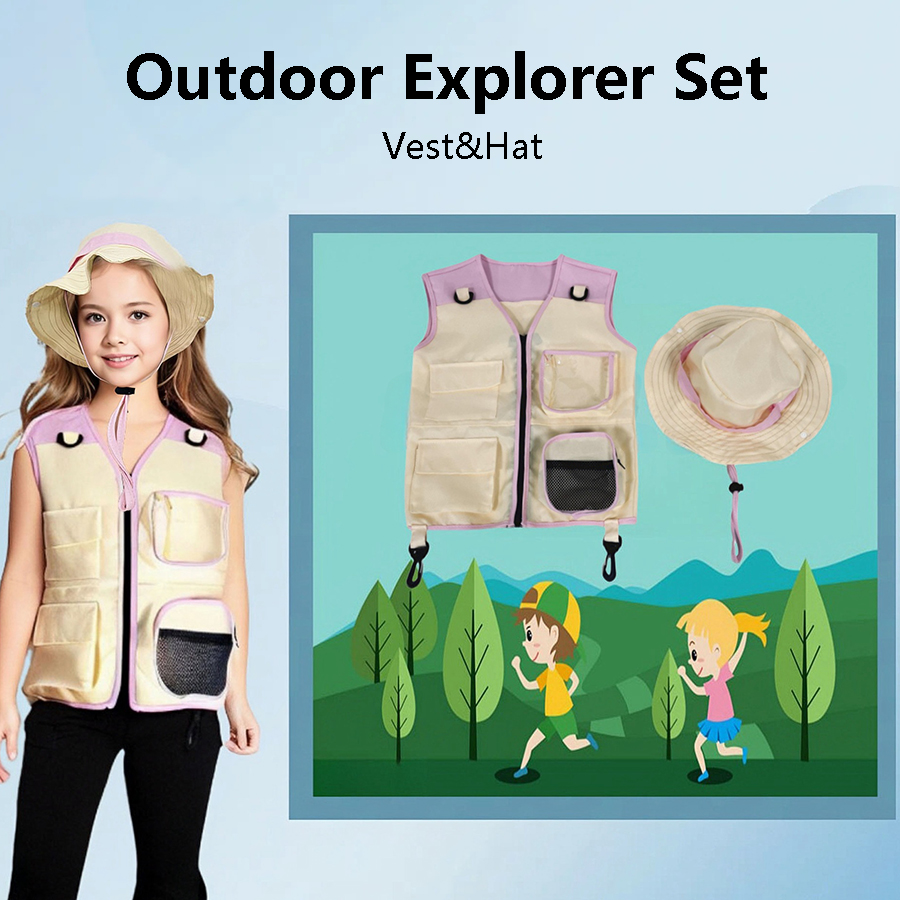 Outdoor Adventure Outfit - صدرية وقبعة مستكشفة للأطفال ، جيوب